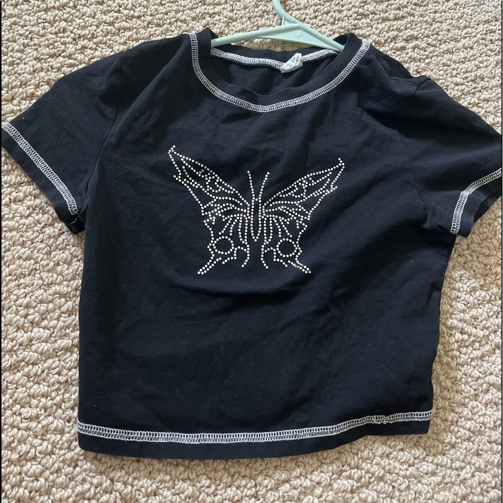 Black Shein Top with rhinestoned butterfly